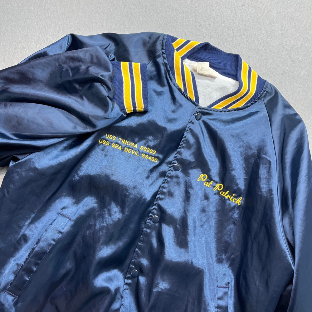 Vintage US Submarine Veterans WWII Satin Bomber Jacket Navy Blue XL Pat Patrick